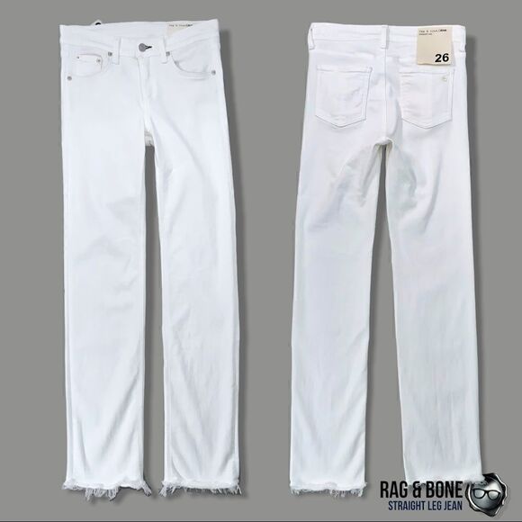RAG & BONE STRAIGHT-LEG JEANS IN BRIGHT WHITE RAW FRAYED HEM WOMEN’S SIZE 26/2 - Picture 1 of 13